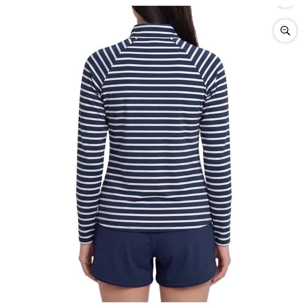 Lands End Womens Quarter Zip UV Tee Navy White Striped UPF 50 Long Sleeve Large - Picture 2 of 9